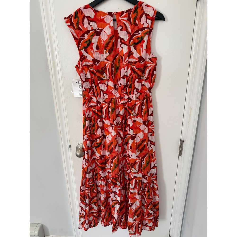 Nine West Red Tropical Leaf Tiered Midi Dress Sleeveless Small - Picture 2 of 5